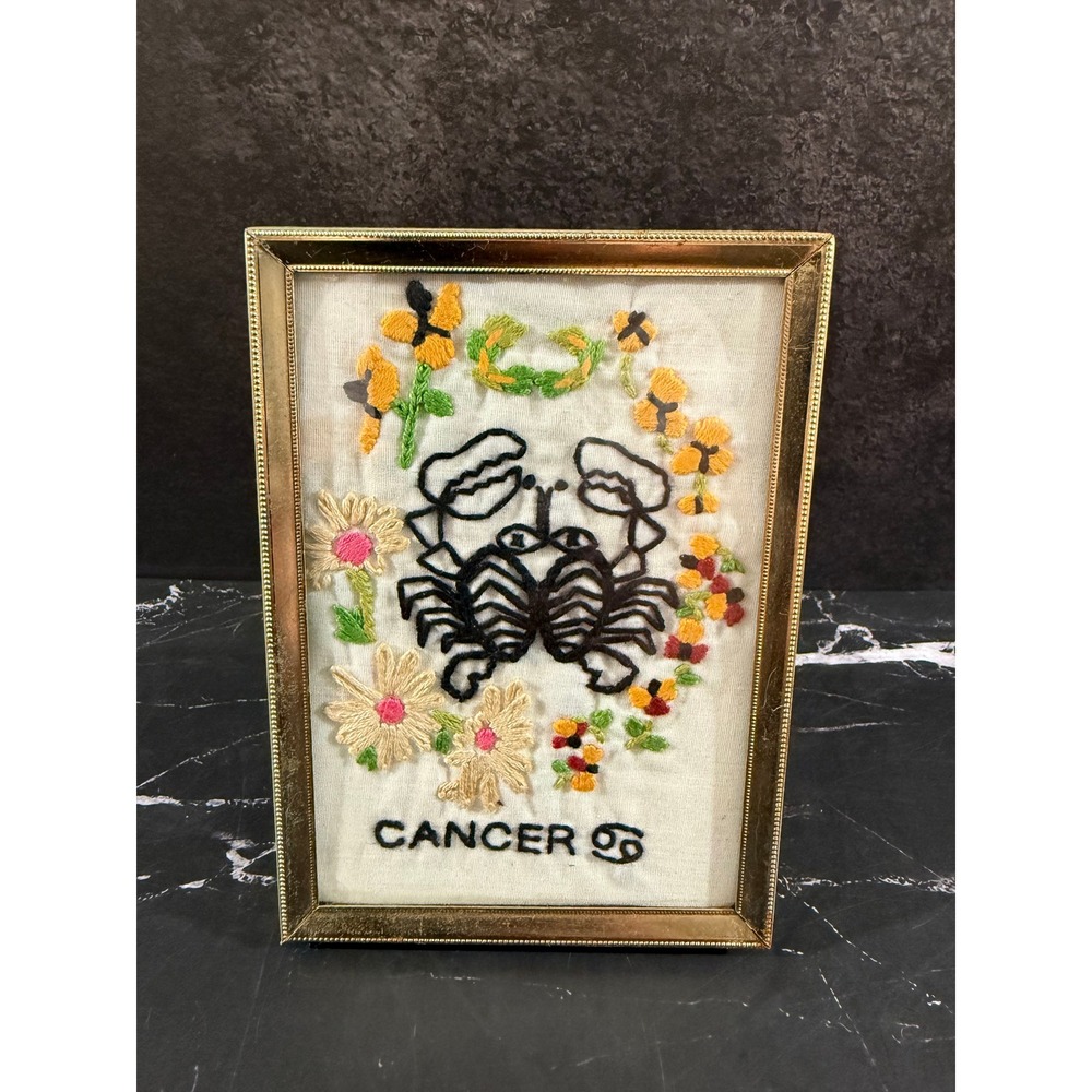 Vintage Hand Sewn Brass Framed Needlepoint Astrology Zodiac Sign Cancer Motif